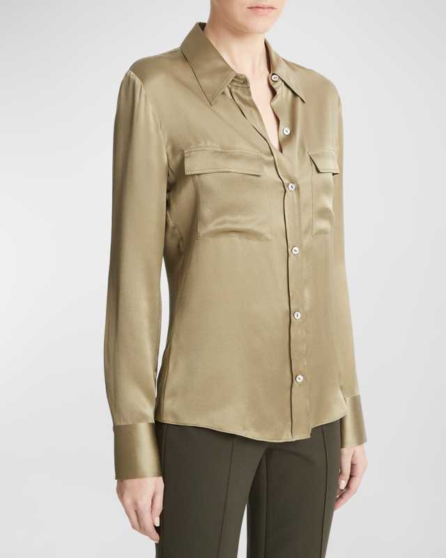Silk Chest Pocket Long-Sleeve Blouse